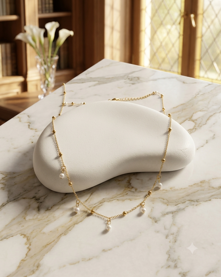 Gold-plated string necklace with tiny pearls and shells — image 4