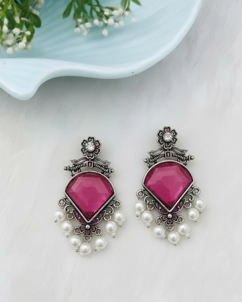Silver-Plated Brass Drop Earrings with Stone & Pearl Drops — image 4