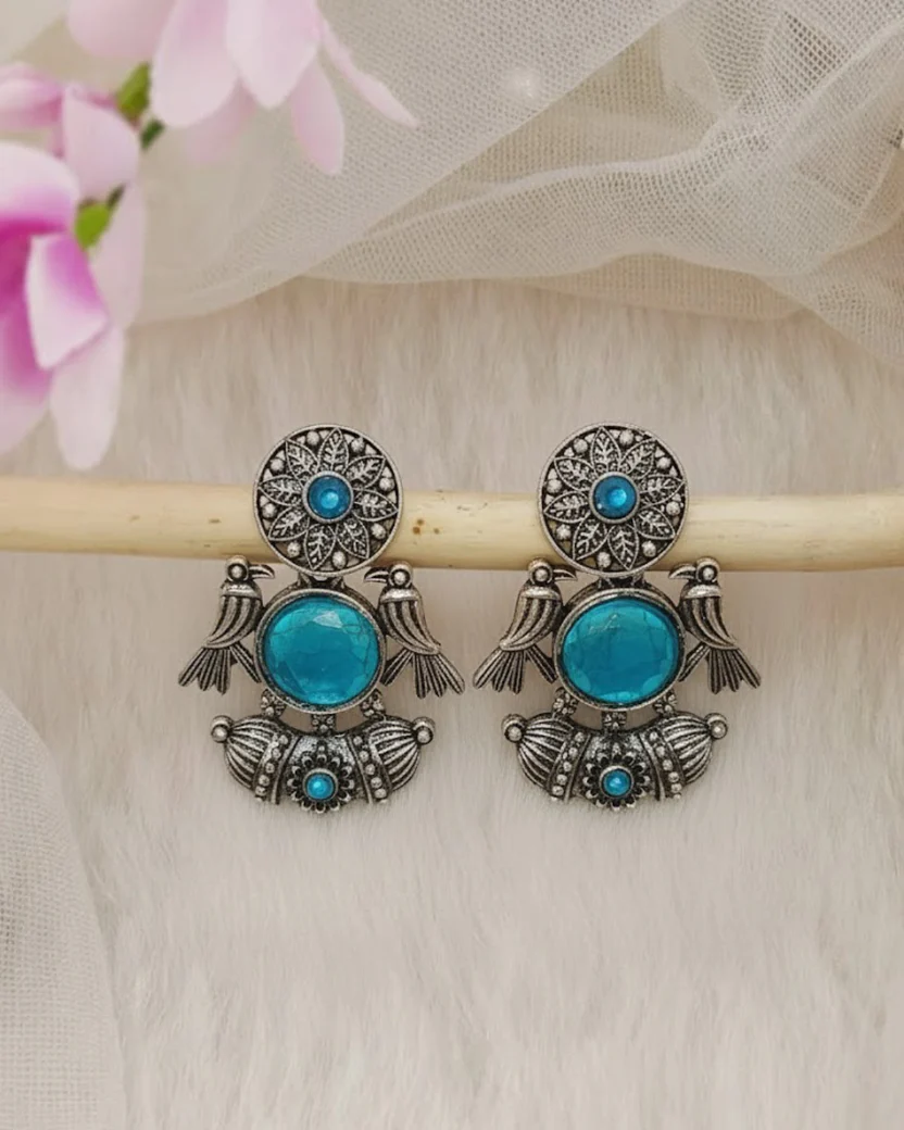 Oxidised Silver-Toned Earrings with Stone & Bird Motifs — image 3