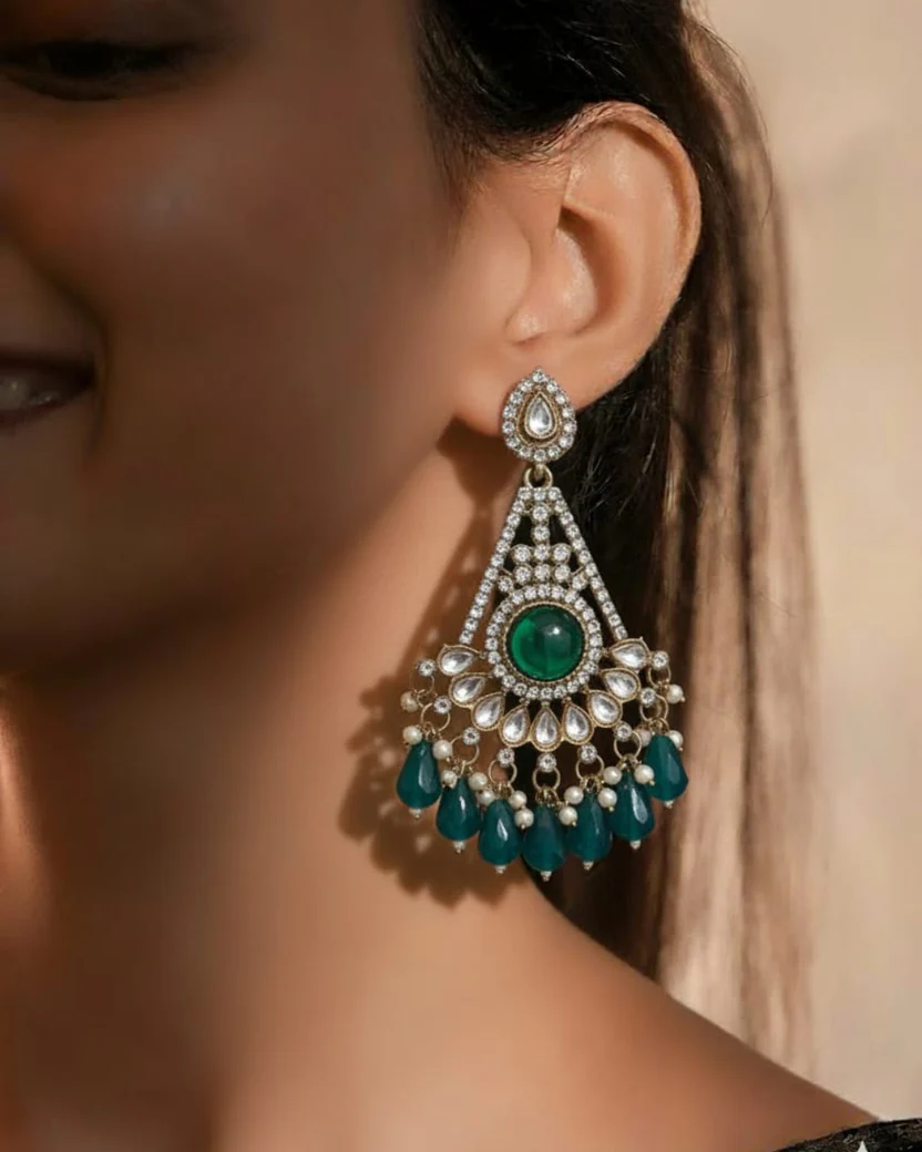 Kundan Chandbali Earrings with White Stones & Pearls — image 3
