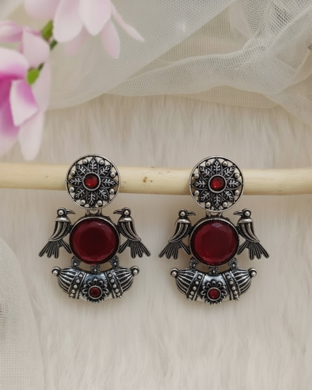 Oxidised Silver-Toned Earrings with Green Stone & Bird Motifs