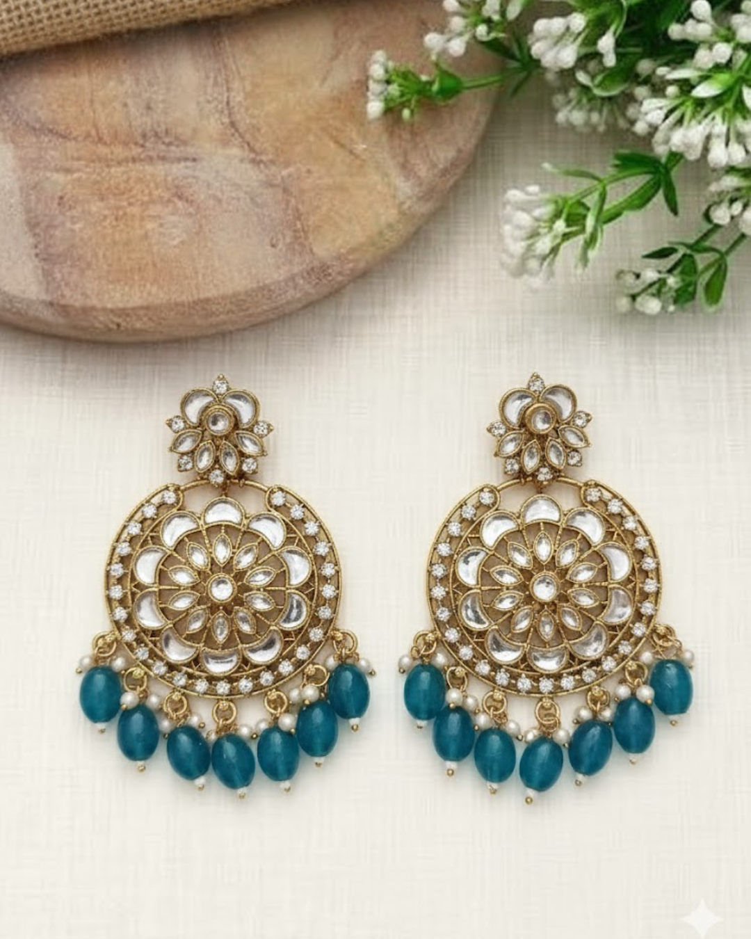 Kundan Earrings with Green Beads