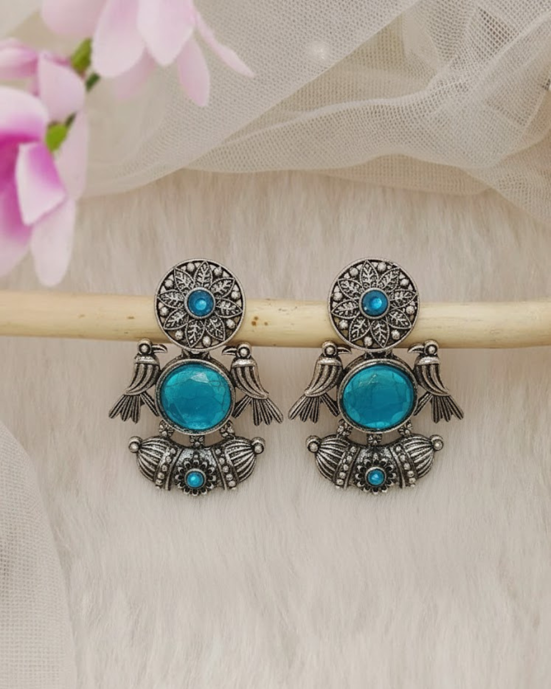 Oxidised Silver-Toned Earrings with Green Stone & Bird Motifs