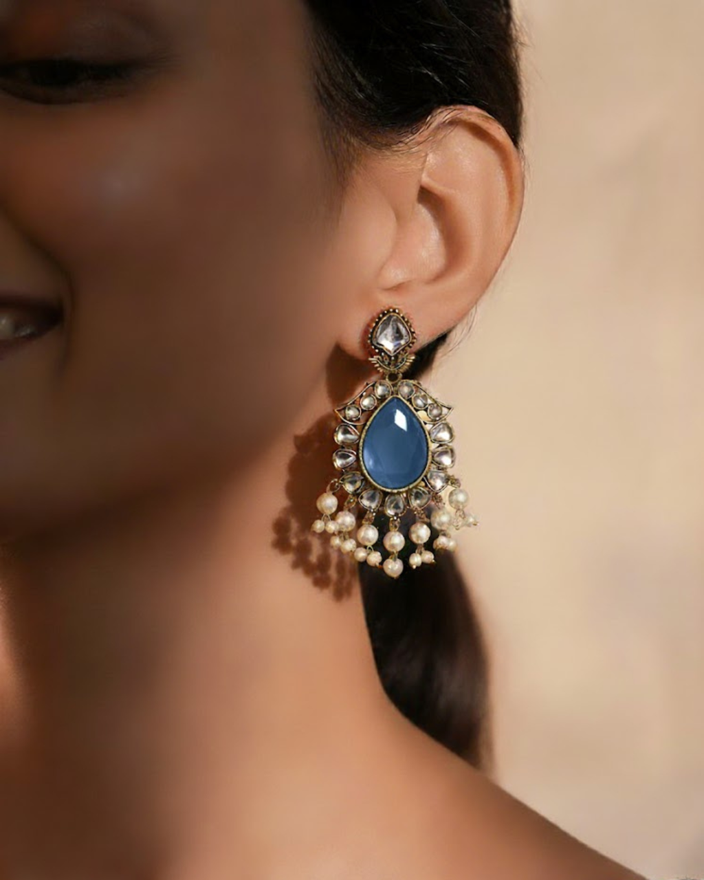 Kundan Earrings with Pink & Clear Stones and Pearl Drops