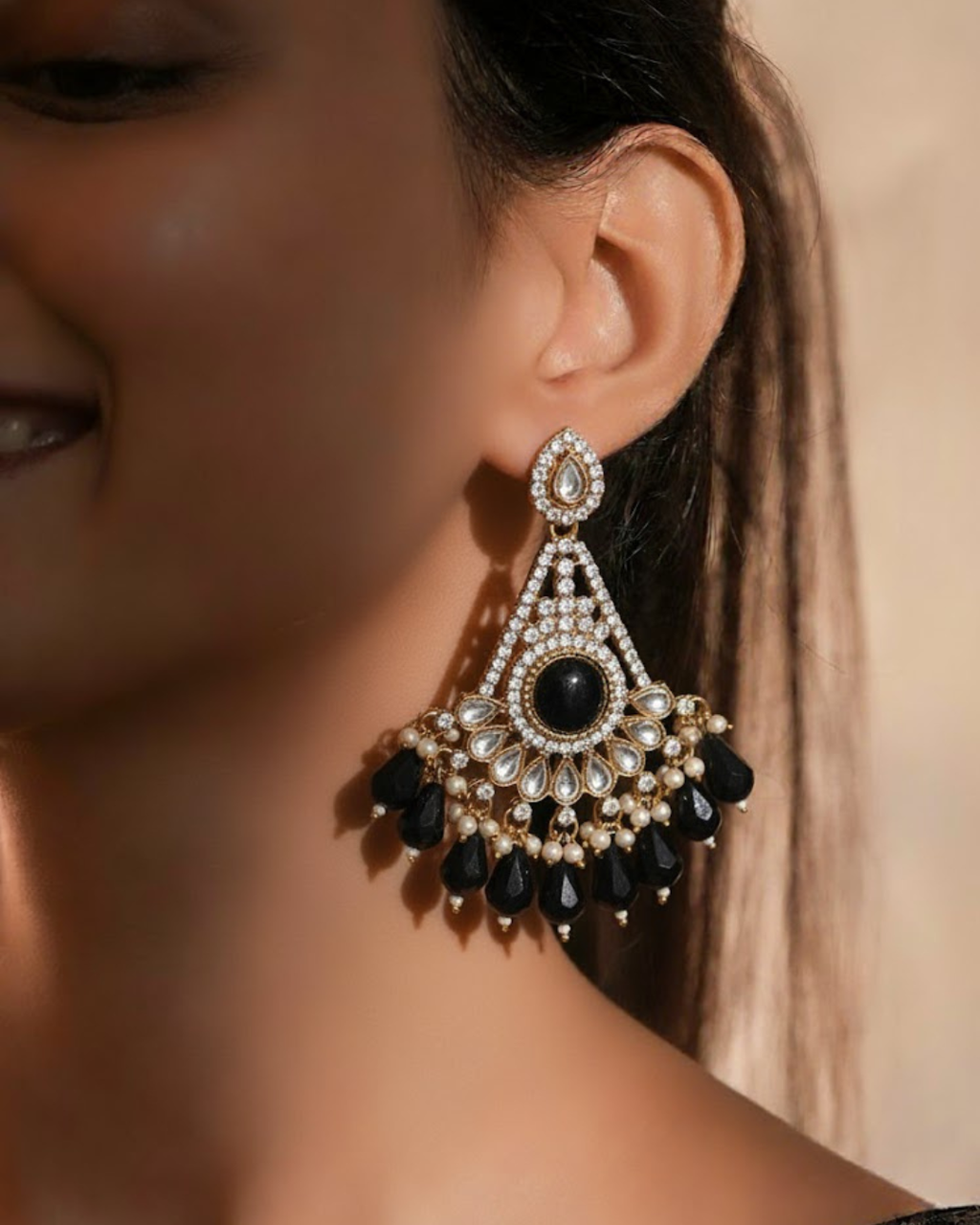 Black Kundan Jhumki/Chandbali Earrings with White Stones & Pearls