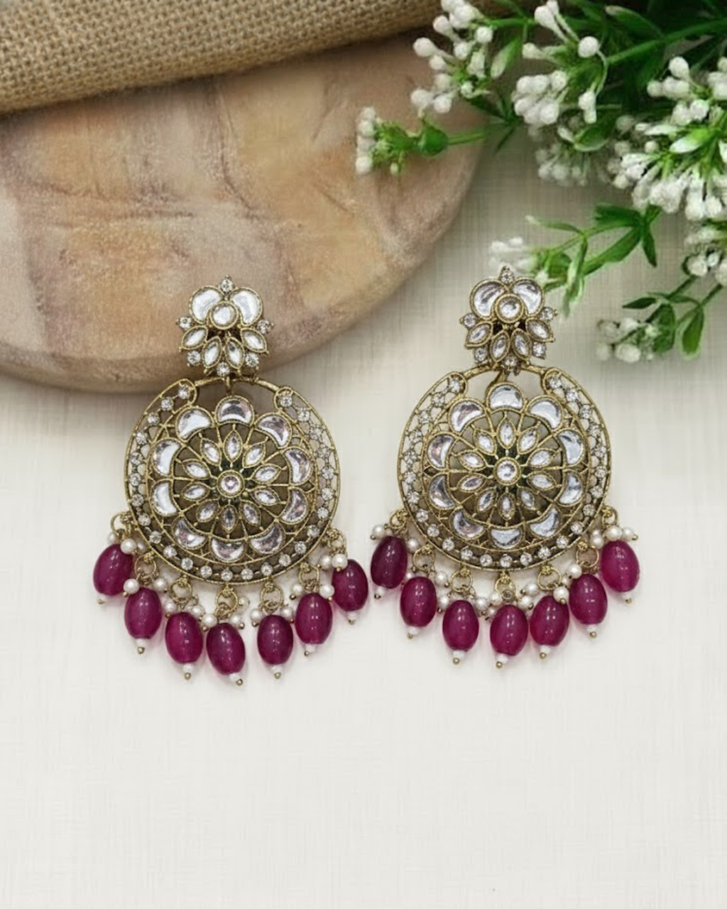 Kundan Earrings with Green Beads