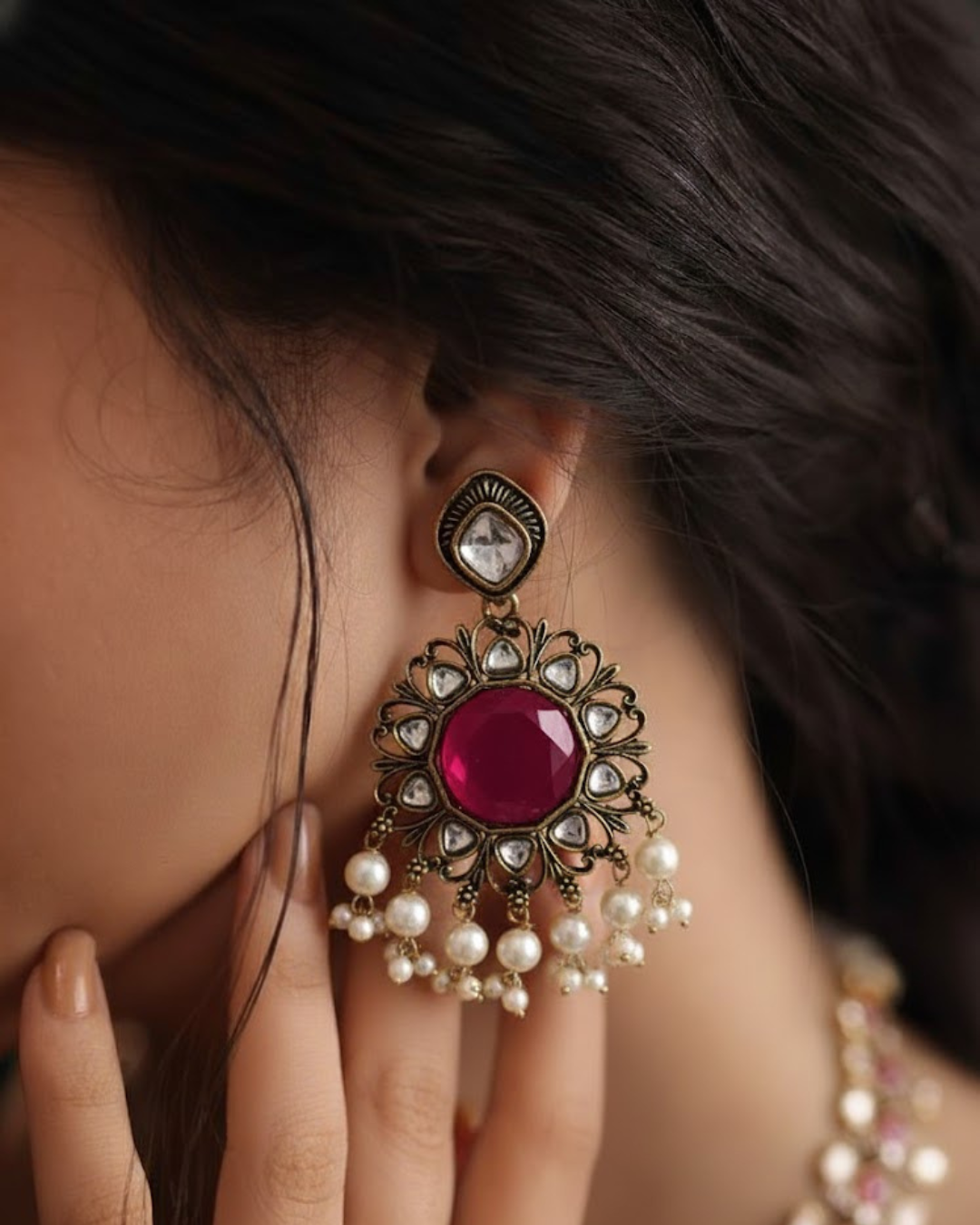 Mehendi Polish Kundan Earrings with Blue Stone & Pearl Drops