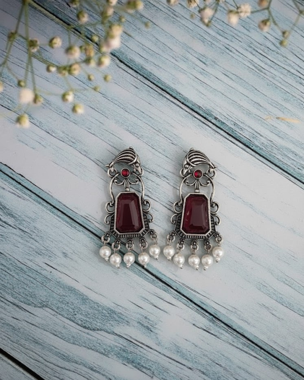 Oxidized Silver Earrings with Large Pink Stone & Pearl Drops