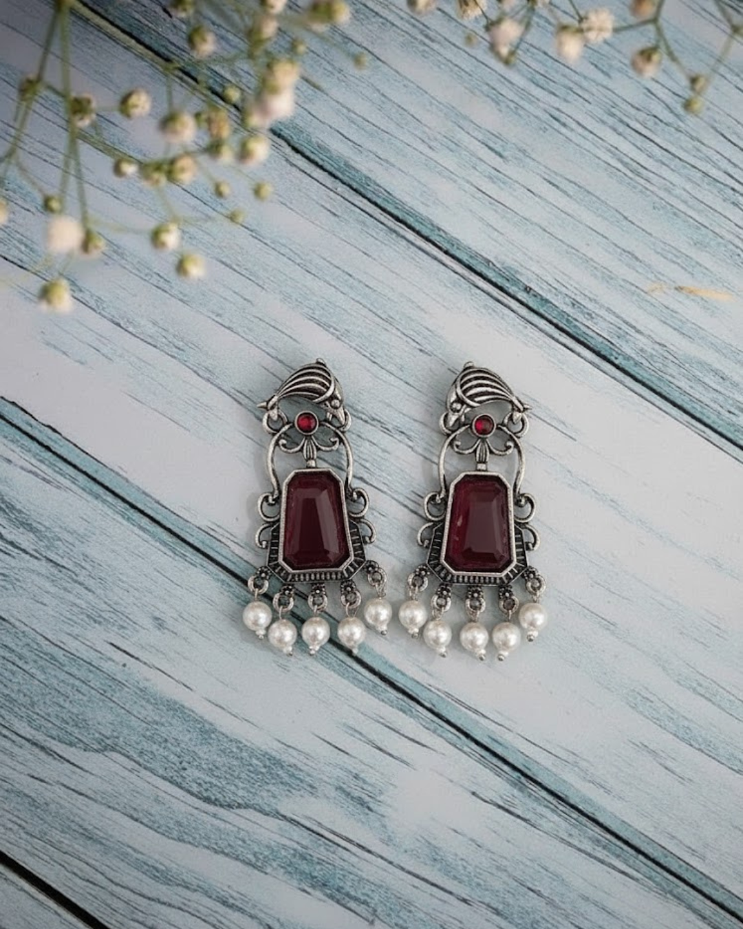 Oxidized Silver Earrings with Large Pink Stone & Pearl Drops