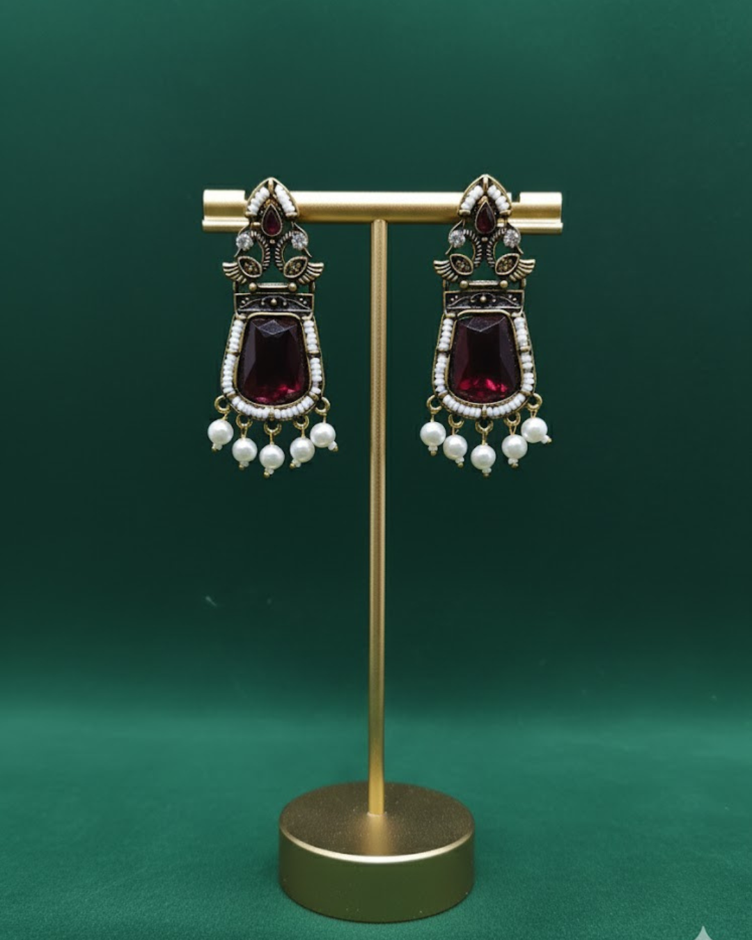 Victorian-Style Antique Gold Earrings with Large Red Stone & Pearl Embellishments