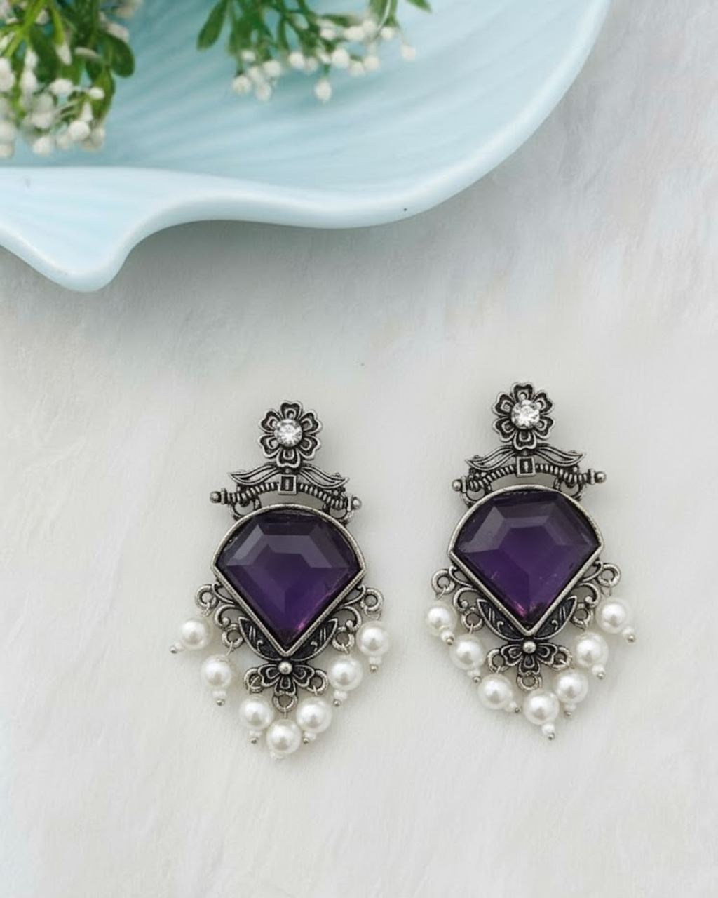 Silver-Plated Brass Drop Earrings with Purple Stone & Pearl Drops