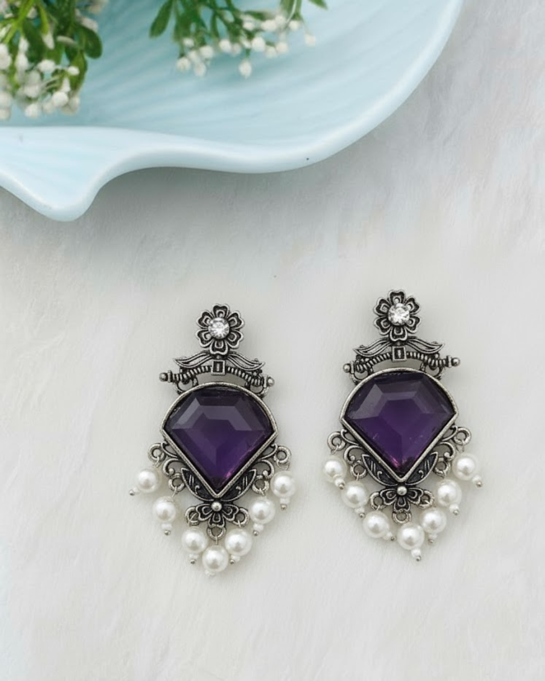 Silver-Plated Brass Drop Earrings with Purple Stone & Pearl Drops