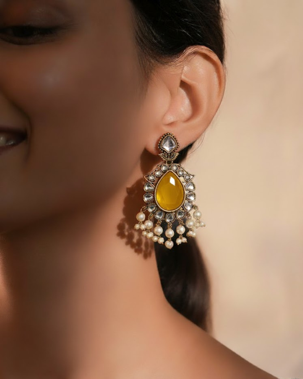 Kundan Earrings with Pink & Clear Stones and Pearl Drops