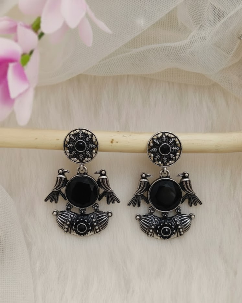 Oxidised Silver-Toned Earrings with Green Stone & Bird Motifs