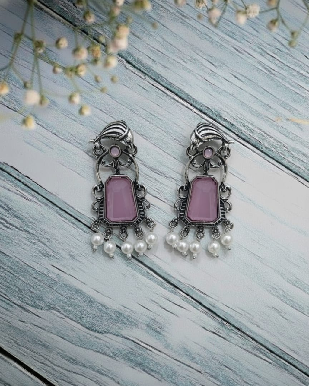 Oxidized Silver Earrings with Large Pink Stone & Pearl Drops