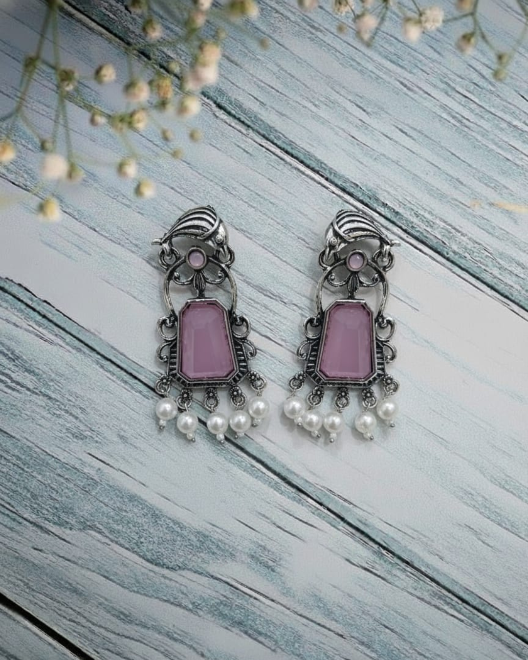 Oxidized Silver Earrings with Large Pink Stone & Pearl Drops