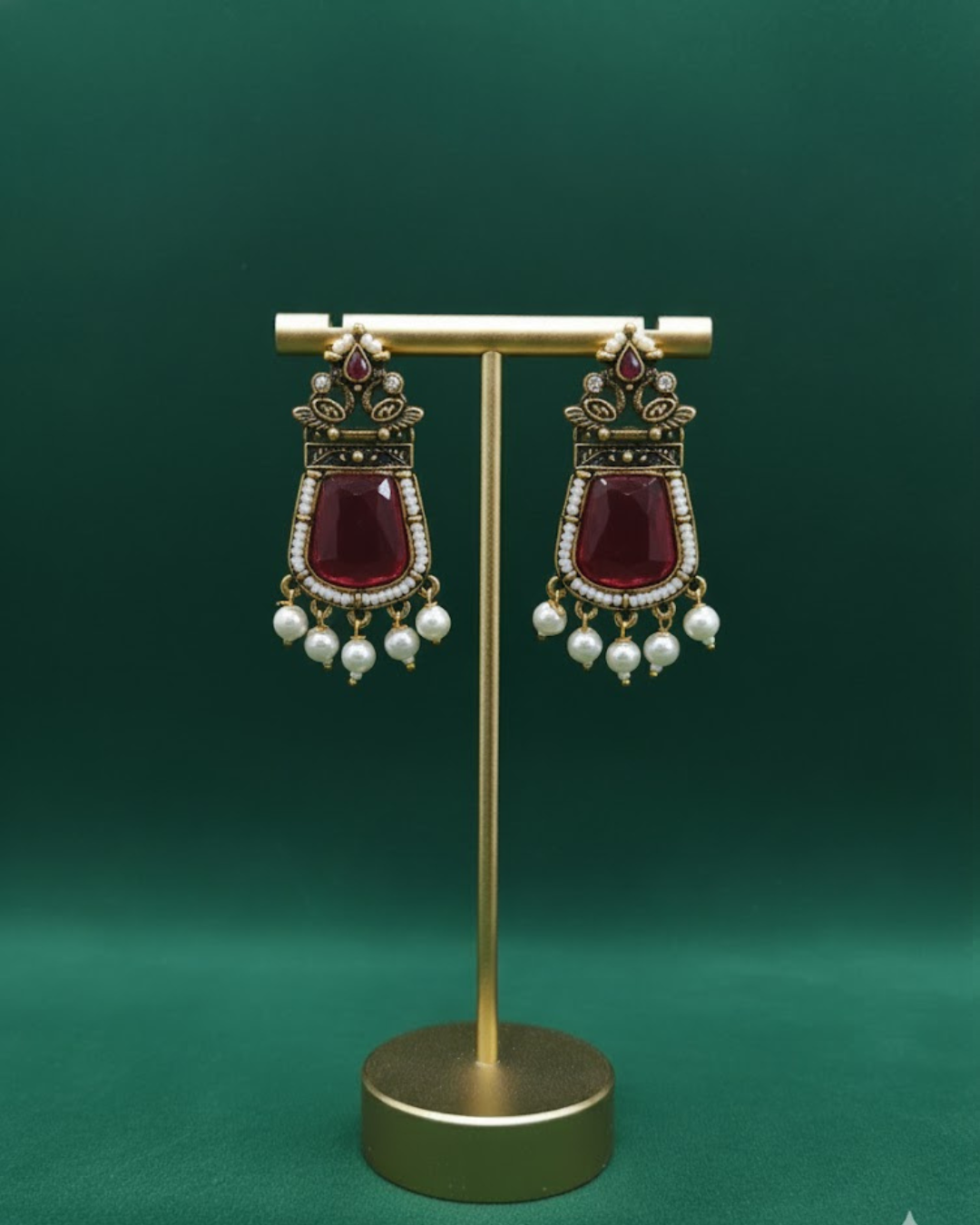 Victorian-Style Antique Gold Earrings with Large Red Stone & Pearl Embellishments