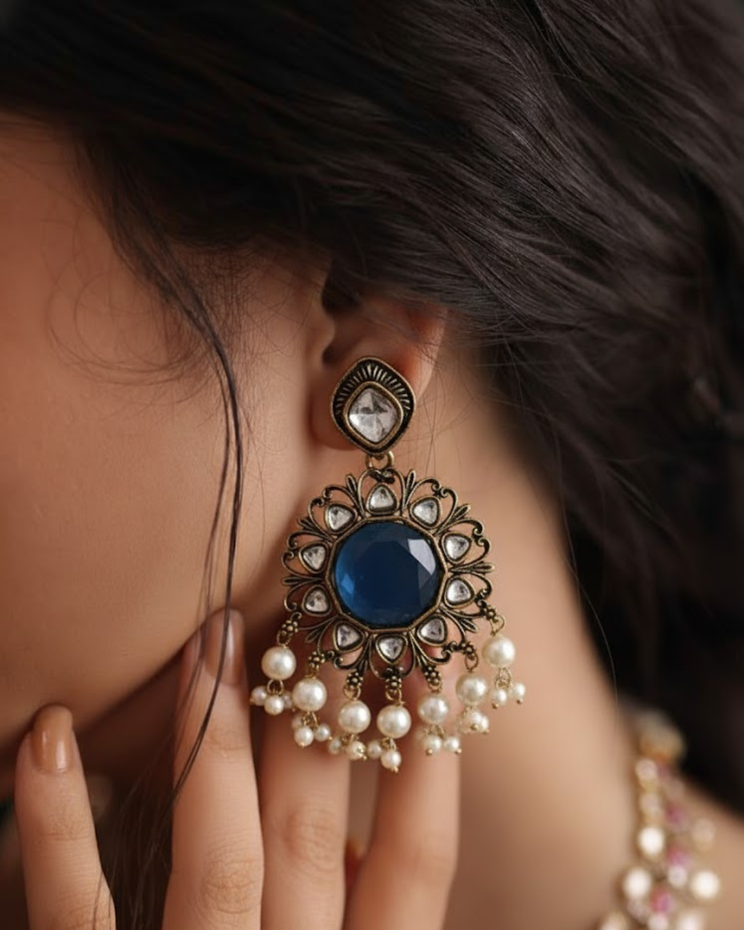 Mehendi Polish Kundan Earrings with Blue Stone & Pearl Drops
