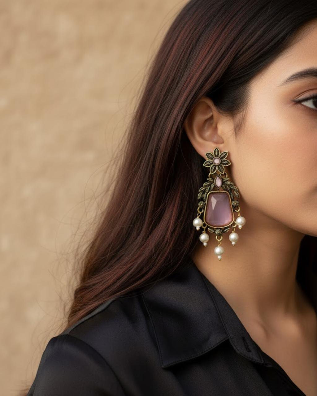 Traditional Indian Earrings with Pink Stones & Pearl Accents