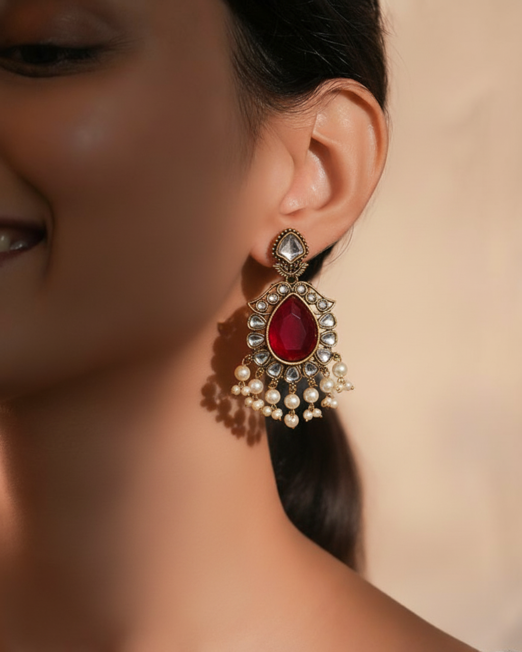 Kundan Earrings with Pink & Clear Stones and Pearl Drops