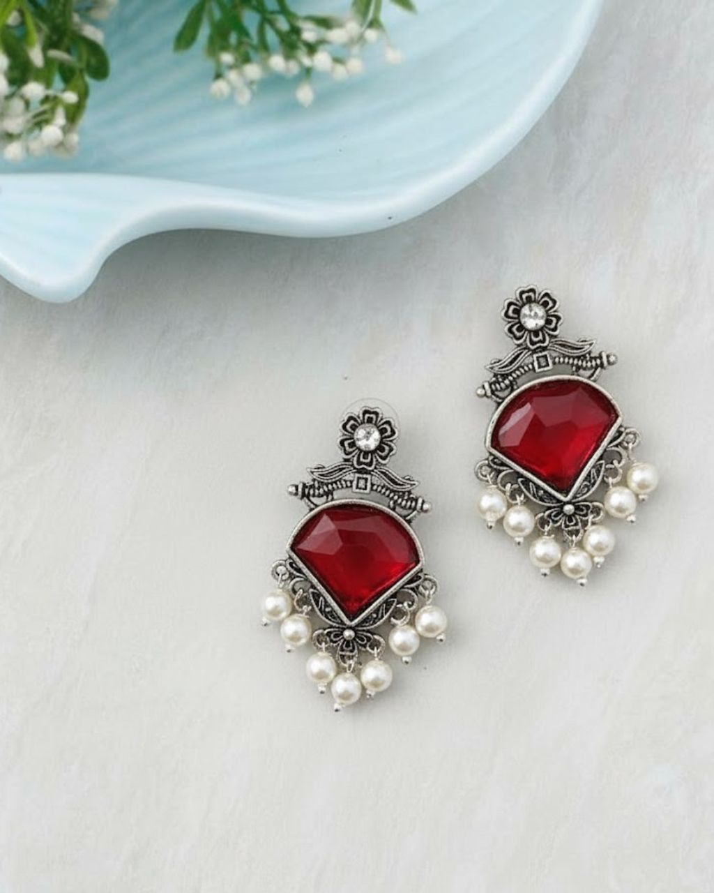 Silver-Plated Brass Drop Earrings with Purple Stone & Pearl Drops