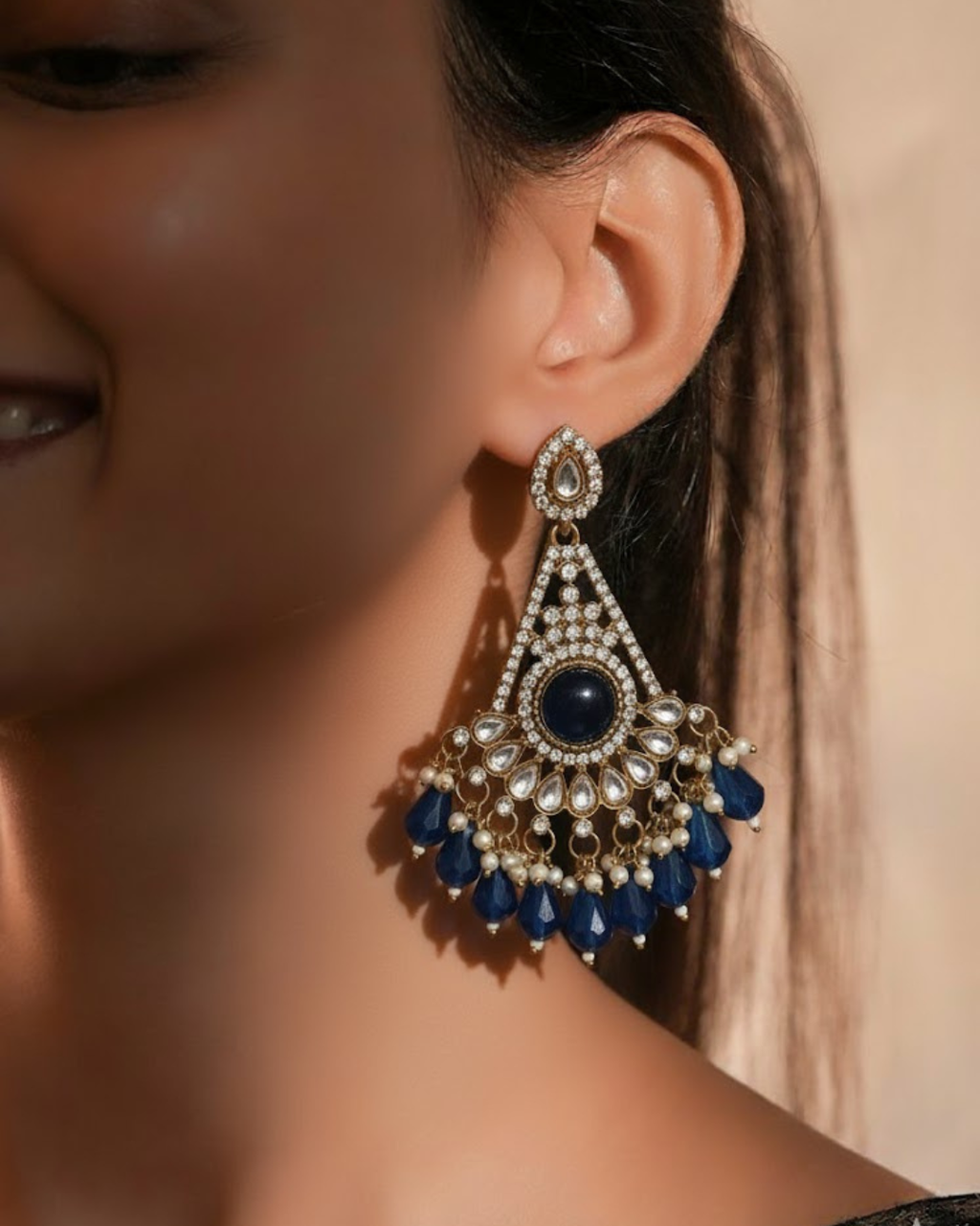 Black Kundan Jhumki/Chandbali Earrings with White Stones & Pearls