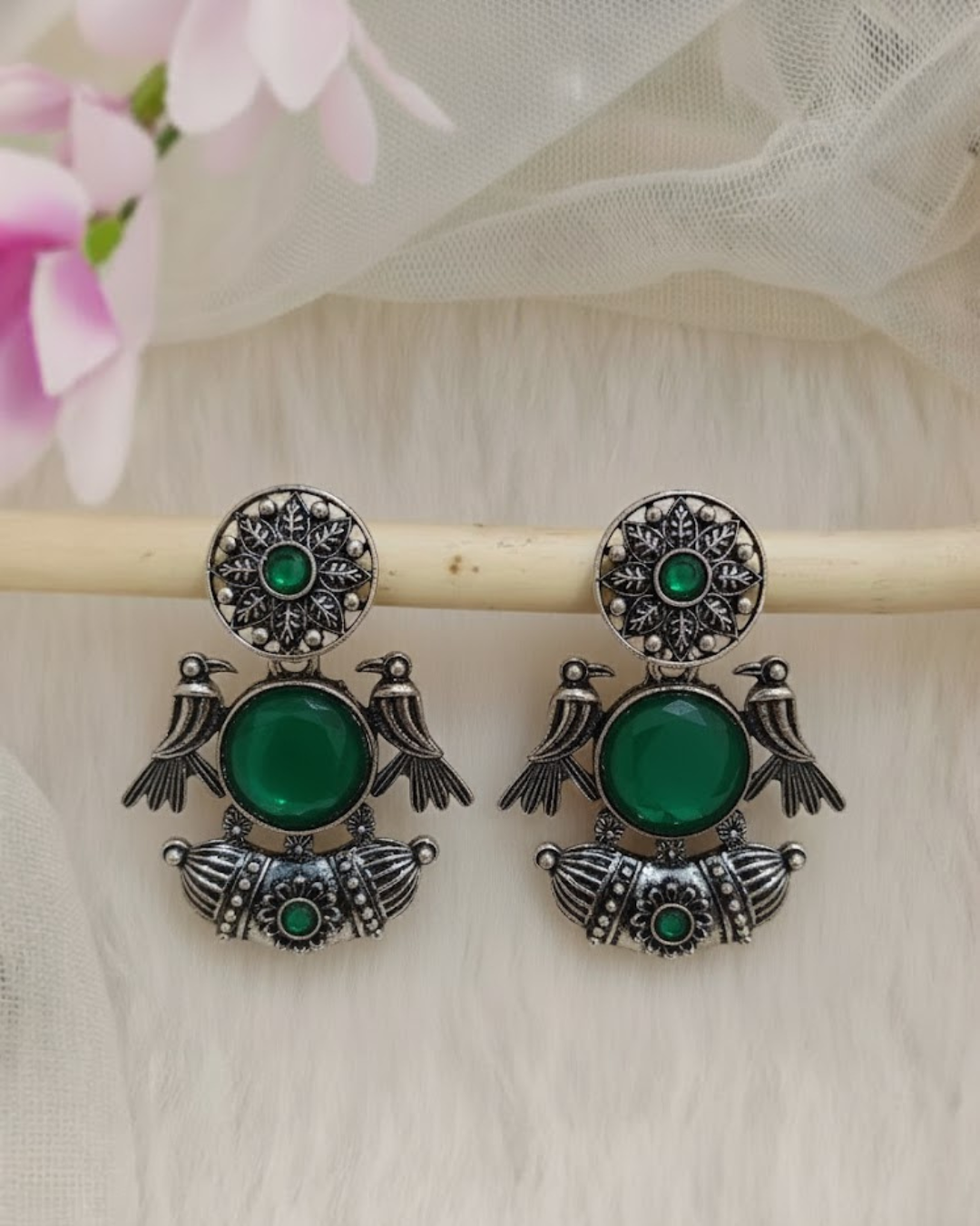 Oxidised Silver-Toned Earrings with Green Stone & Bird Motifs