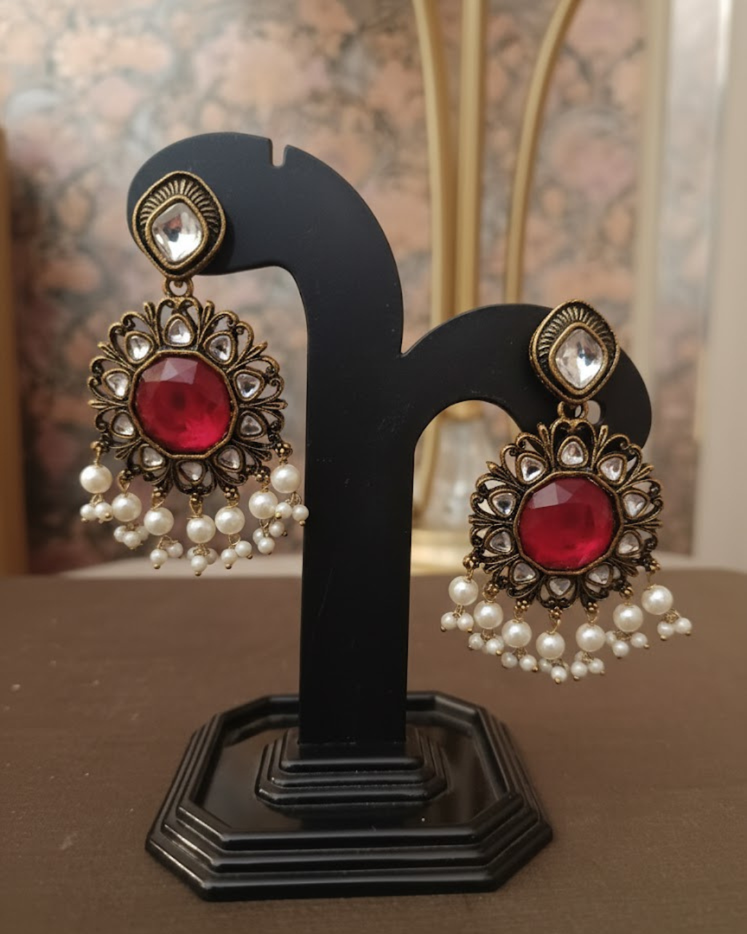 Mehendi Polish Kundan Earrings with Blue Stone & Pearl Drops