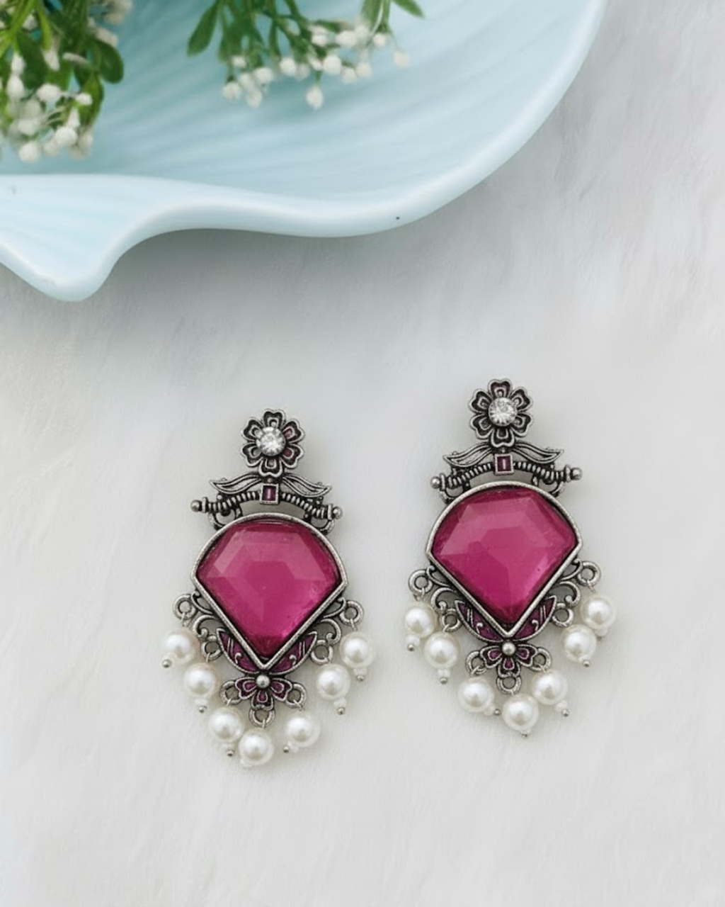 Silver-Plated Brass Drop Earrings with Purple Stone & Pearl Drops