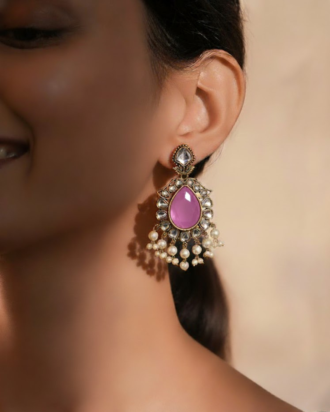 Kundan Earrings with Pink & Clear Stones and Pearl Drops