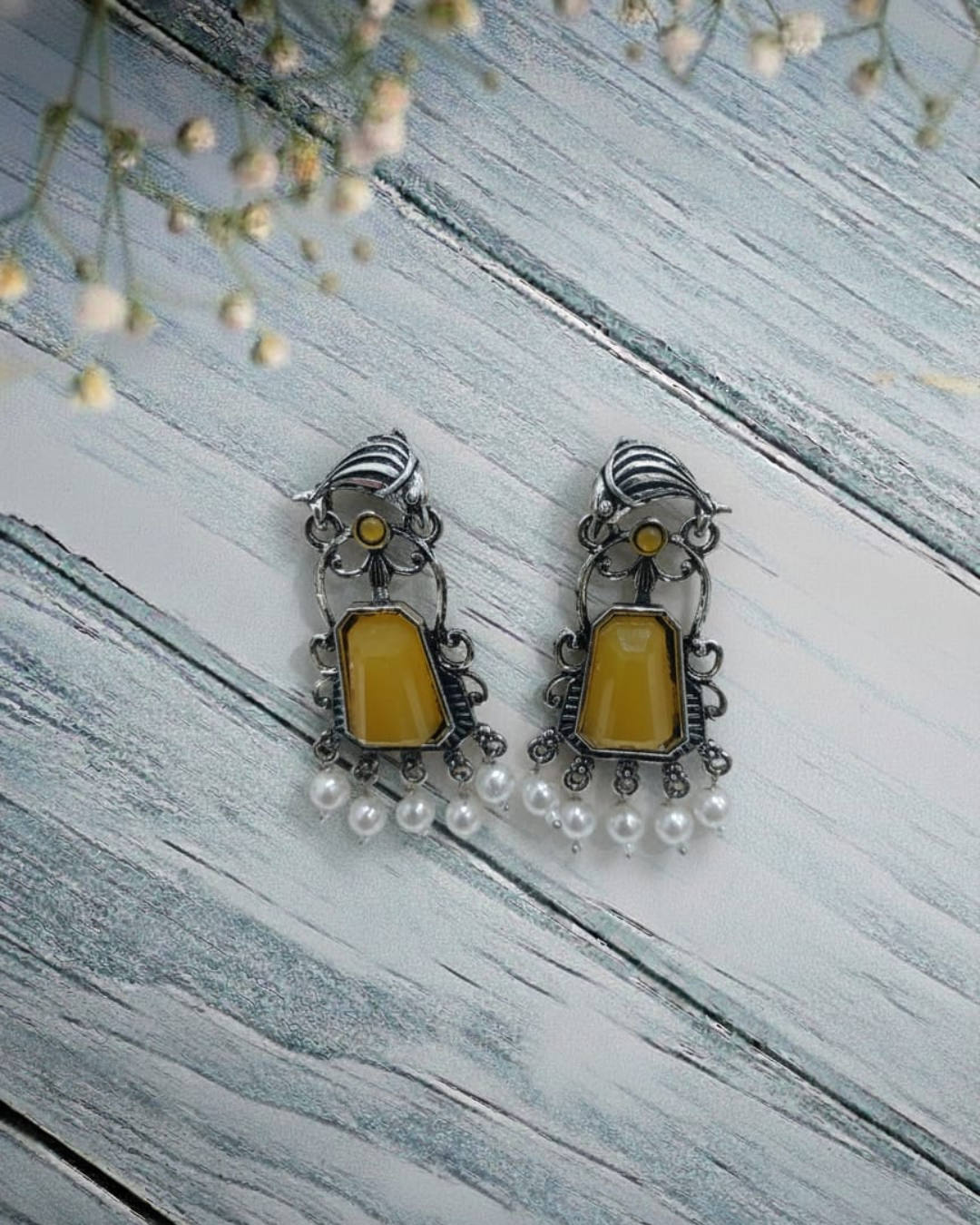 Oxidized Silver Earrings with Large Pink Stone & Pearl Drops