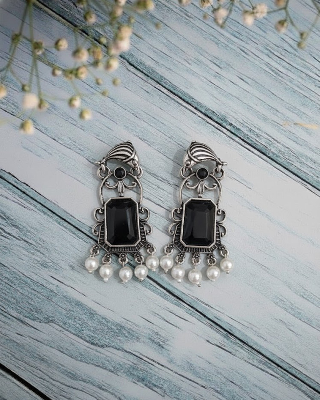 Oxidized Silver Earrings with Large Pink Stone & Pearl Drops