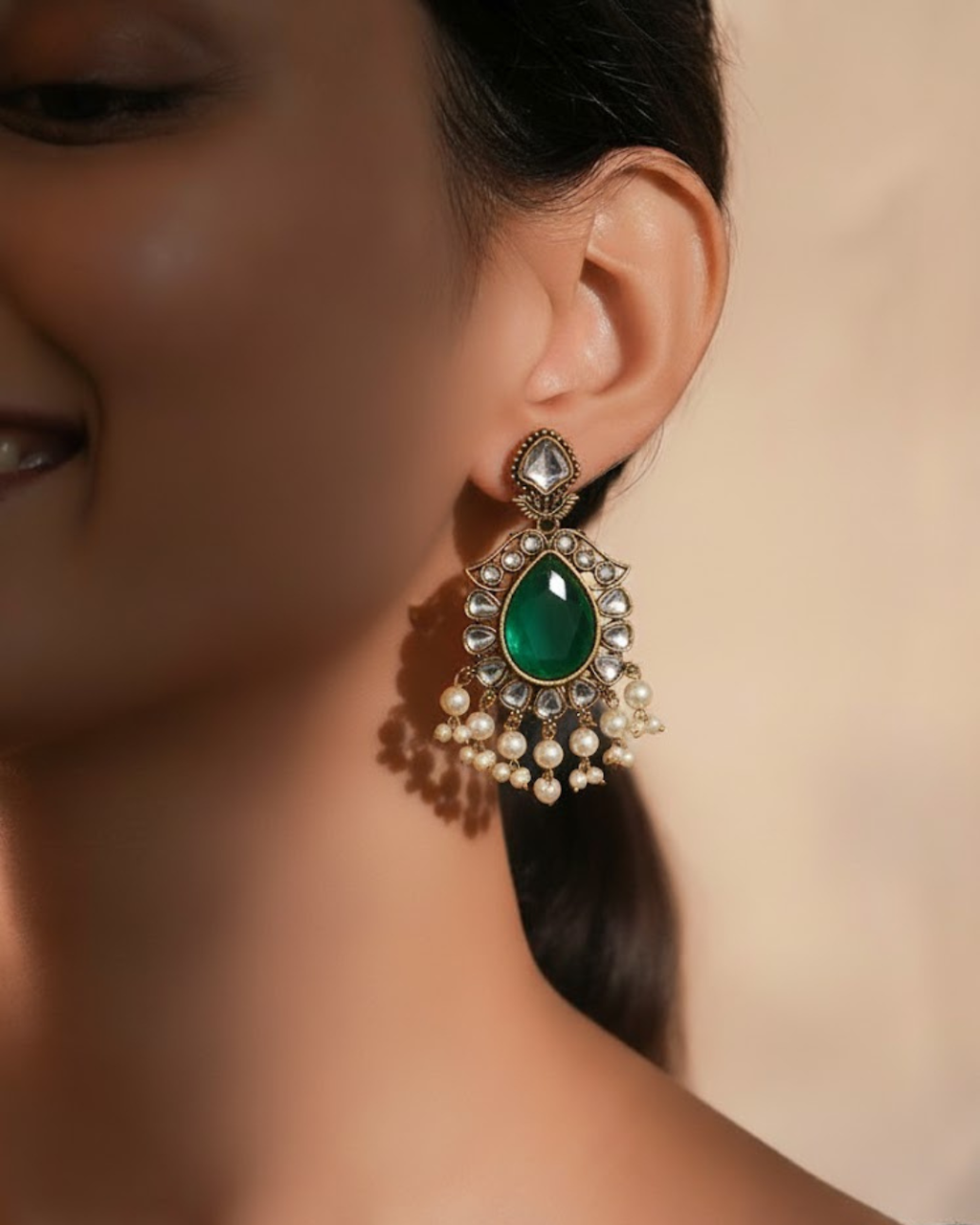 Kundan Earrings with Pink & Clear Stones and Pearl Drops