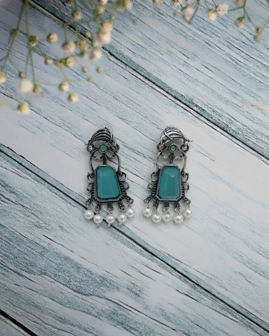 Oxidized Silver Earrings with Large Pink Stone & Pearl Drops