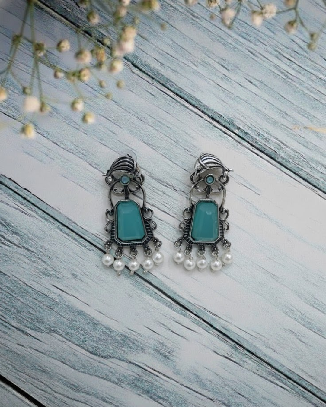 Oxidized Silver Earrings with Large Pink Stone & Pearl Drops