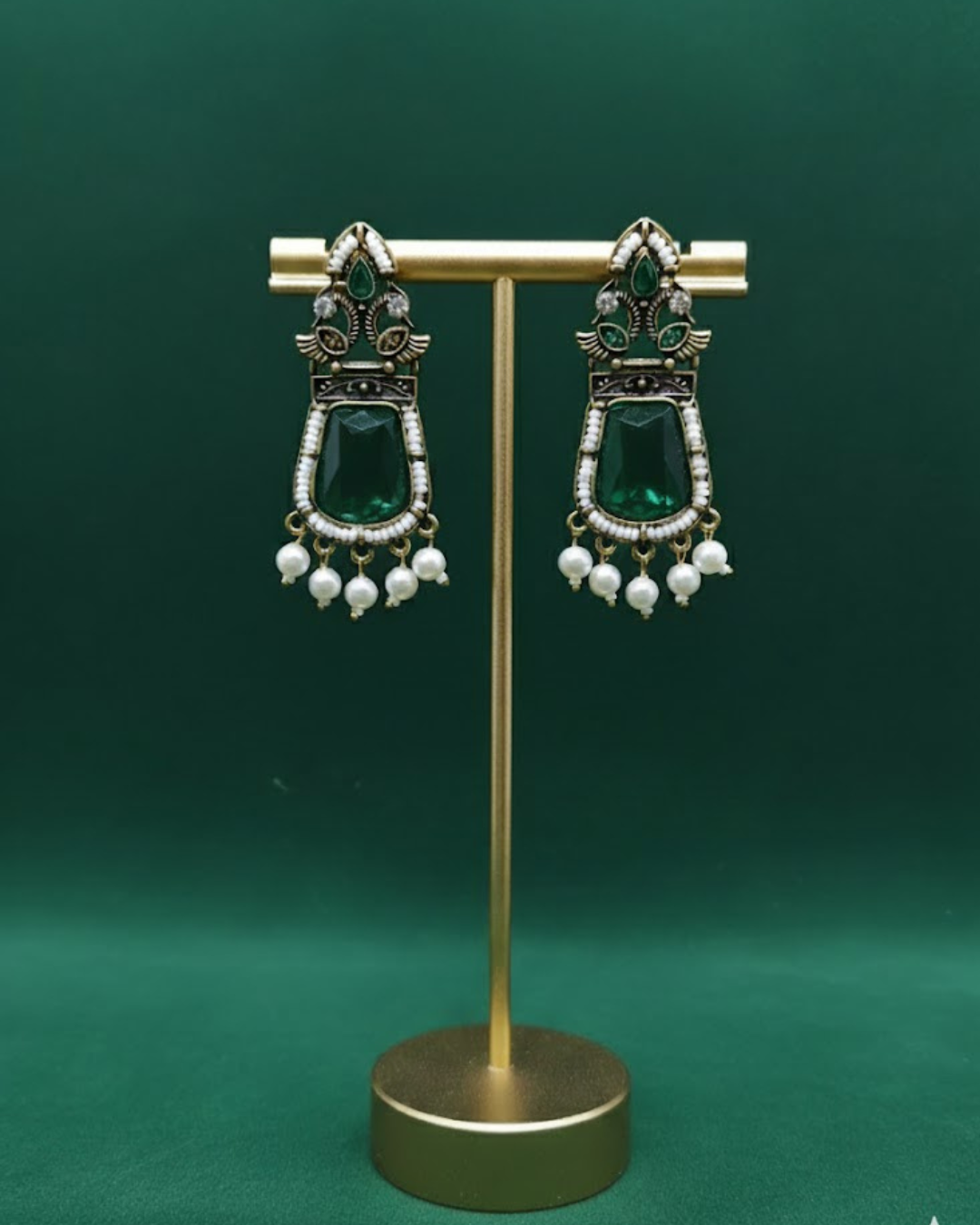 Victorian-Style Antique Gold Earrings with Large Red Stone & Pearl Embellishments