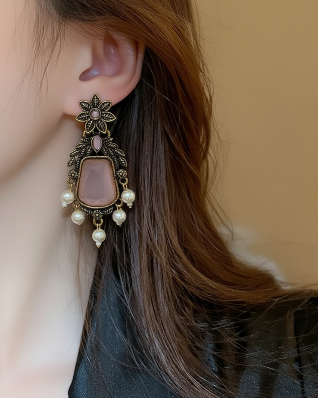 Traditional Indian Earrings with Pink Stones & Pearl Accents