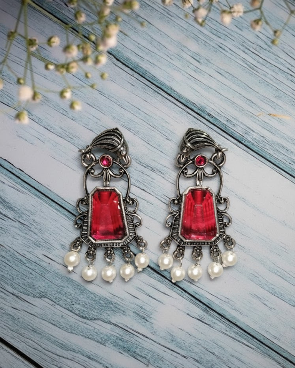 Oxidized Silver Earrings with Large Pink Stone & Pearl Drops