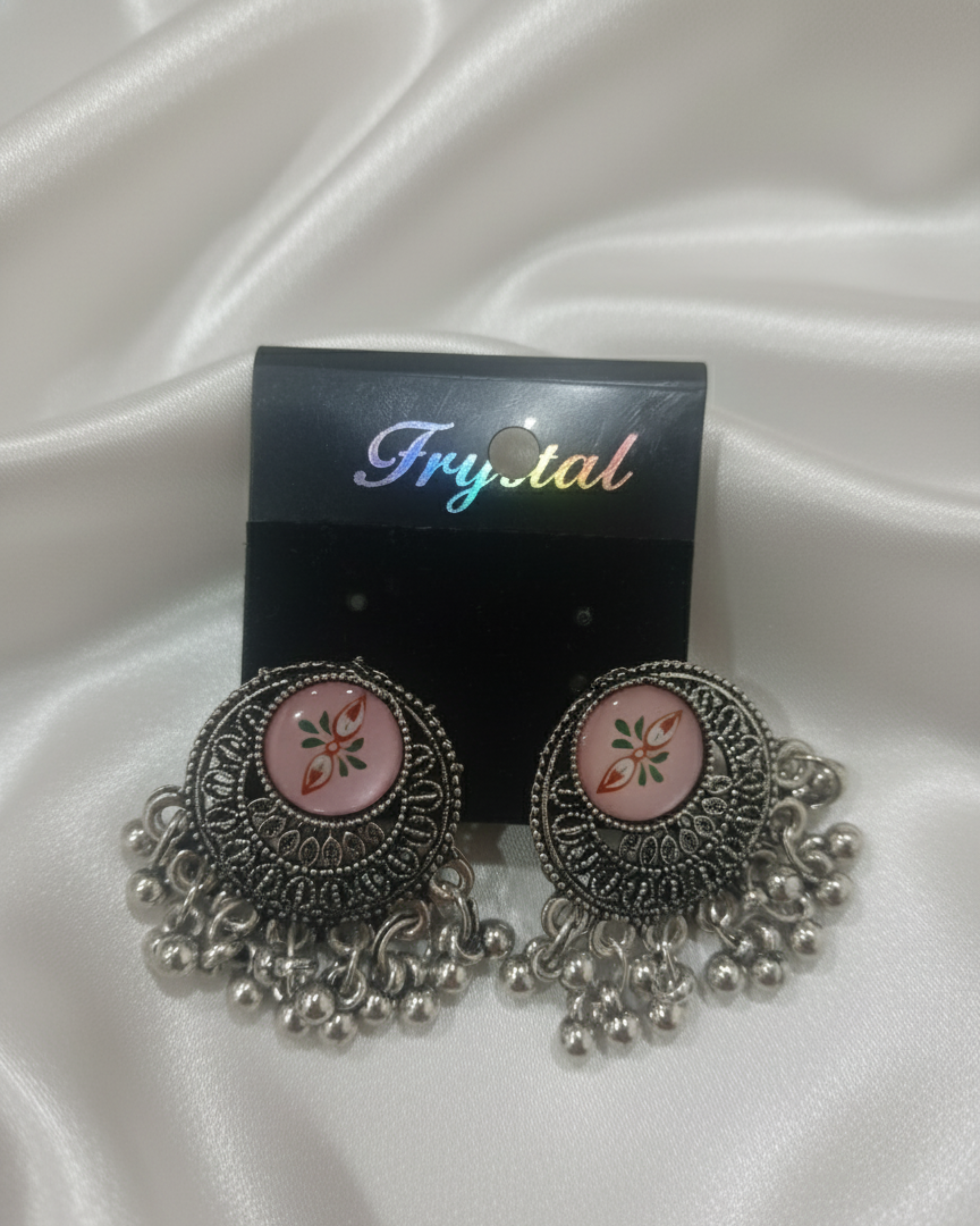 Oxidized Silver Earrings with a Peacock Design in the Center