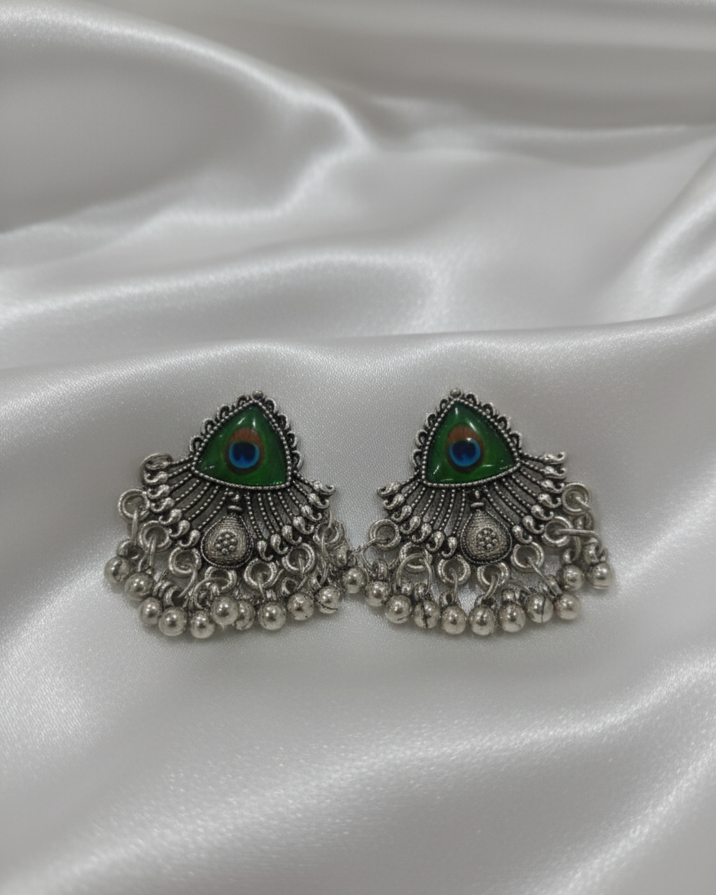 Oxidised Daily Wear Jhumka Earrings with Peacock Design in Centre