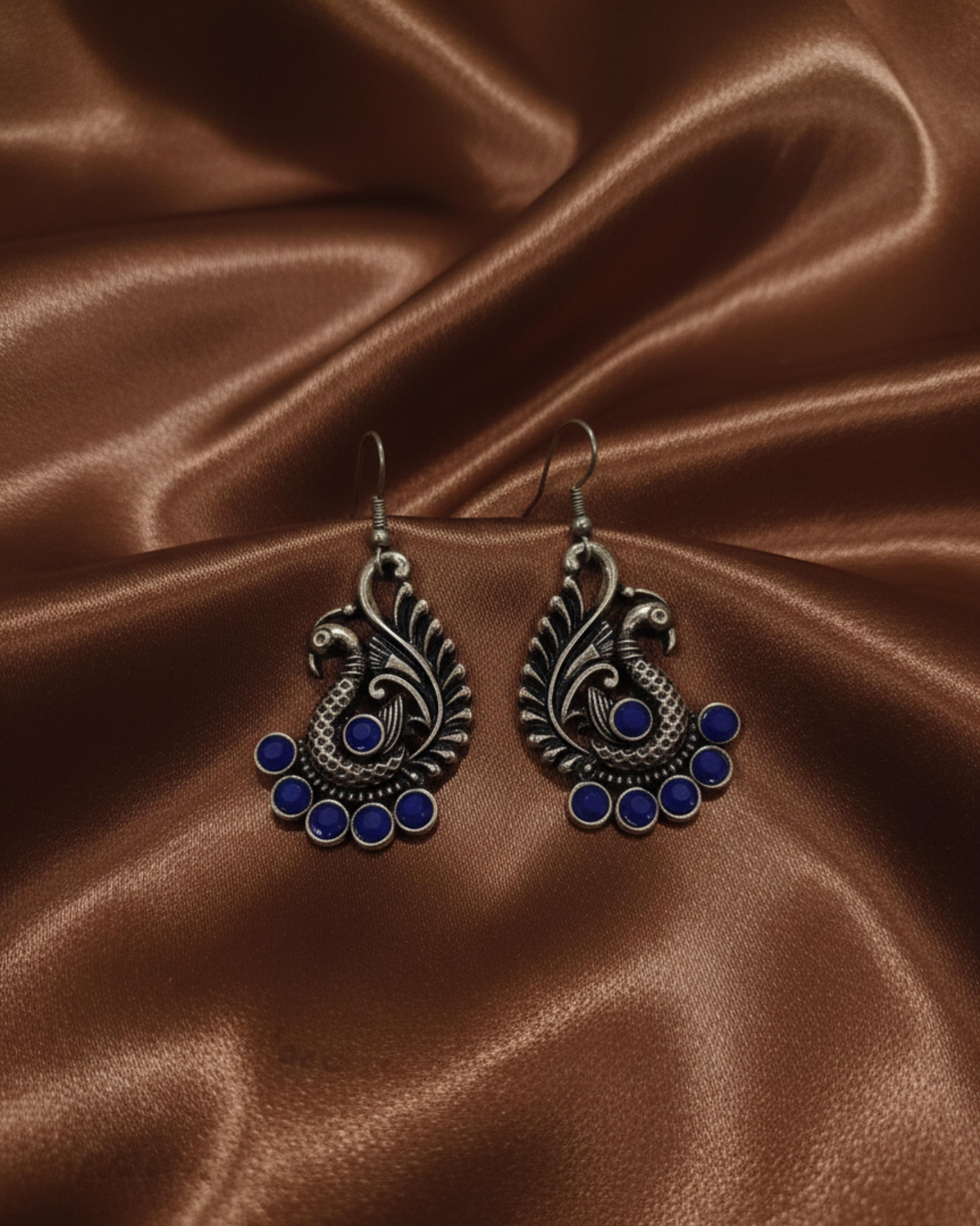 Oxidized Silver Peacock Design Earrings with Blue Stone