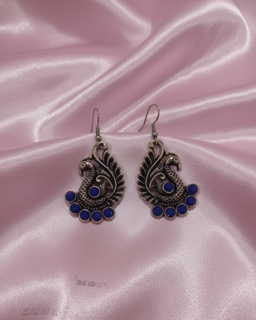 Oxidized Silver Peacock Design Earrings with Blue Stone