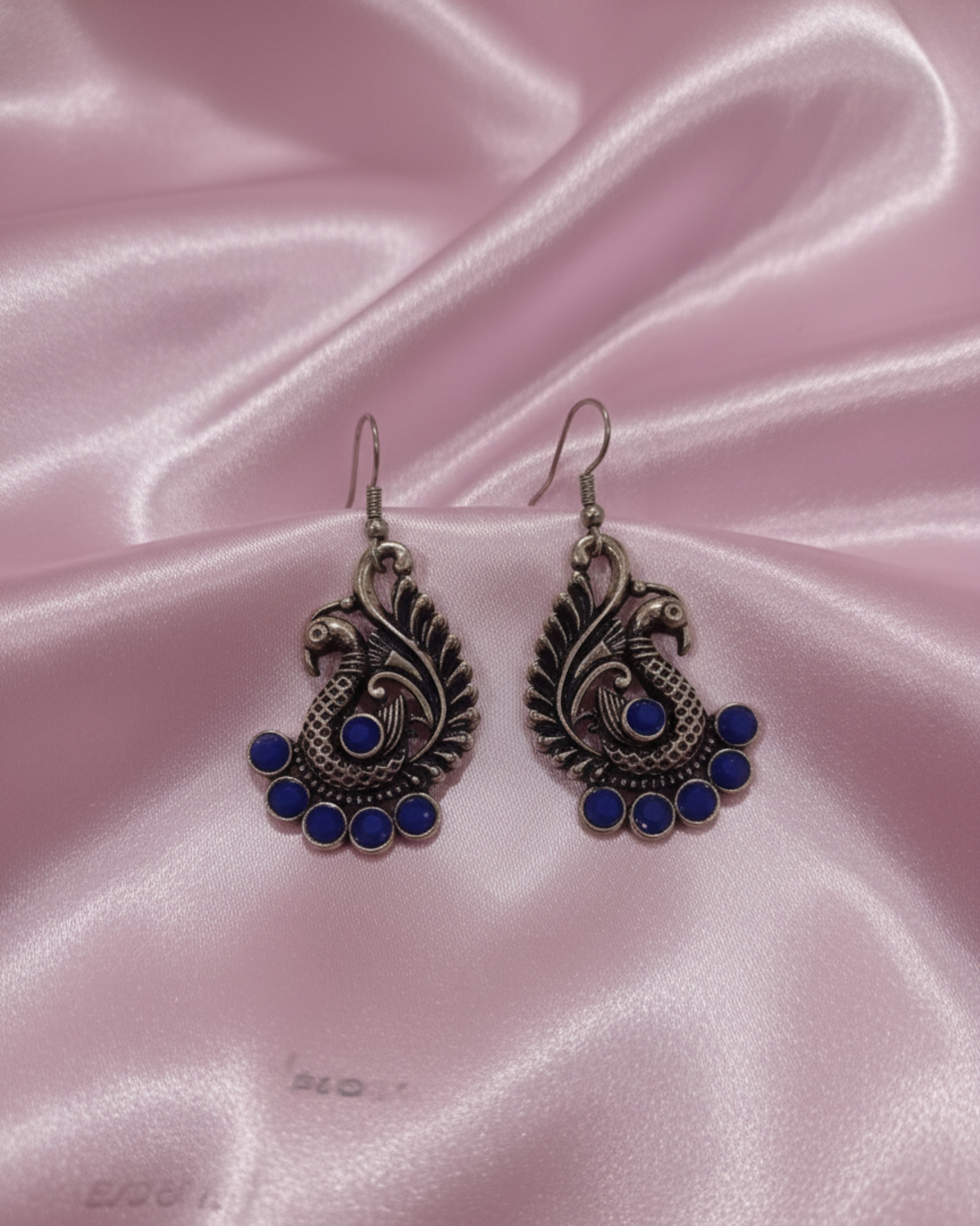 Oxidized Silver Peacock Design Earrings with Blue Stone