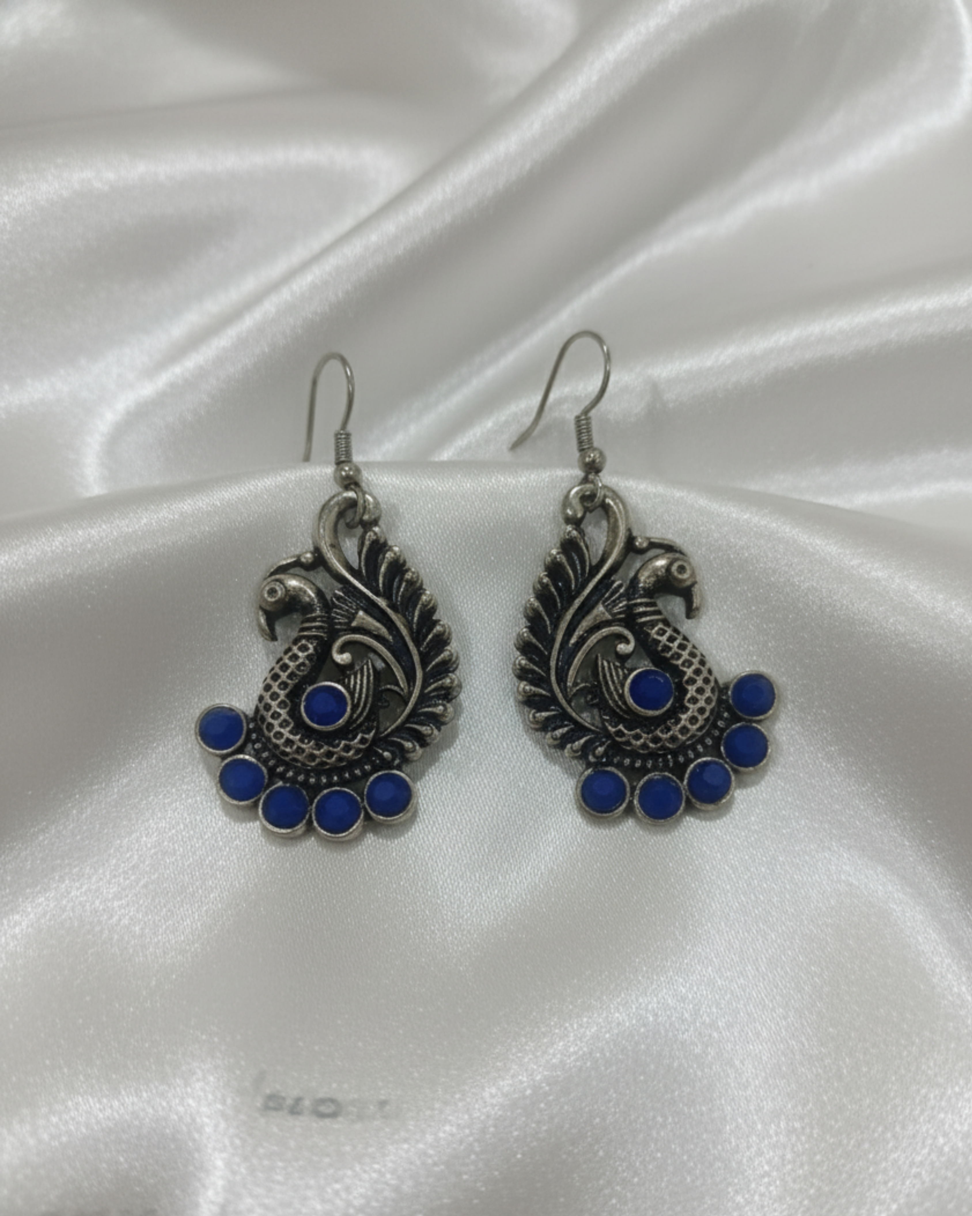 Oxidized Silver Peacock Design Earrings with Blue Stone