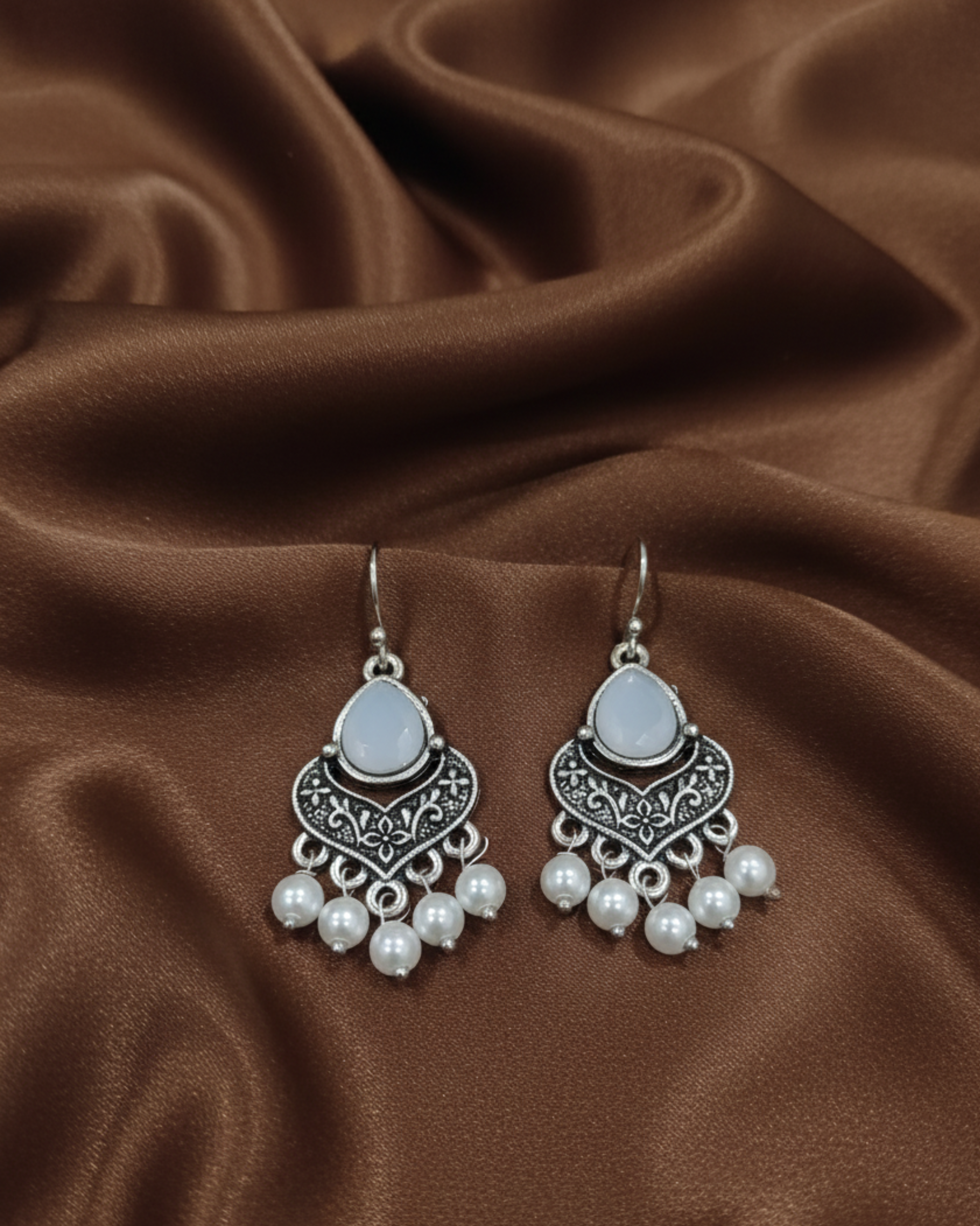 Oxidized Silver Dangel Earrings With Moonstone Cabochon & Pearl Drop