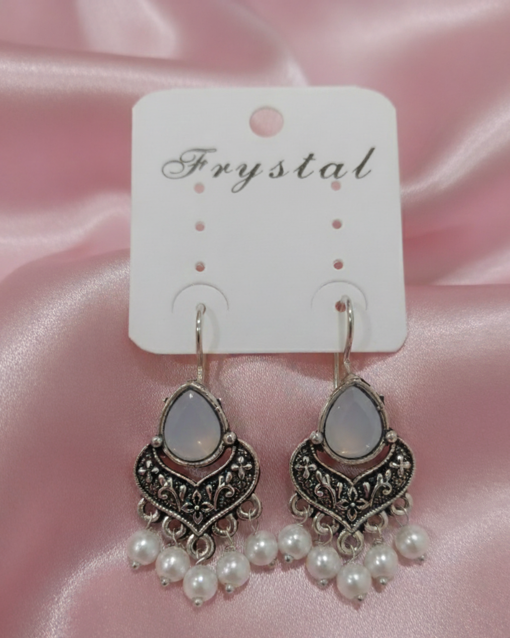 Oxidized Silver Dangel Earrings With Moonstone Cabochon & Pearl Drop