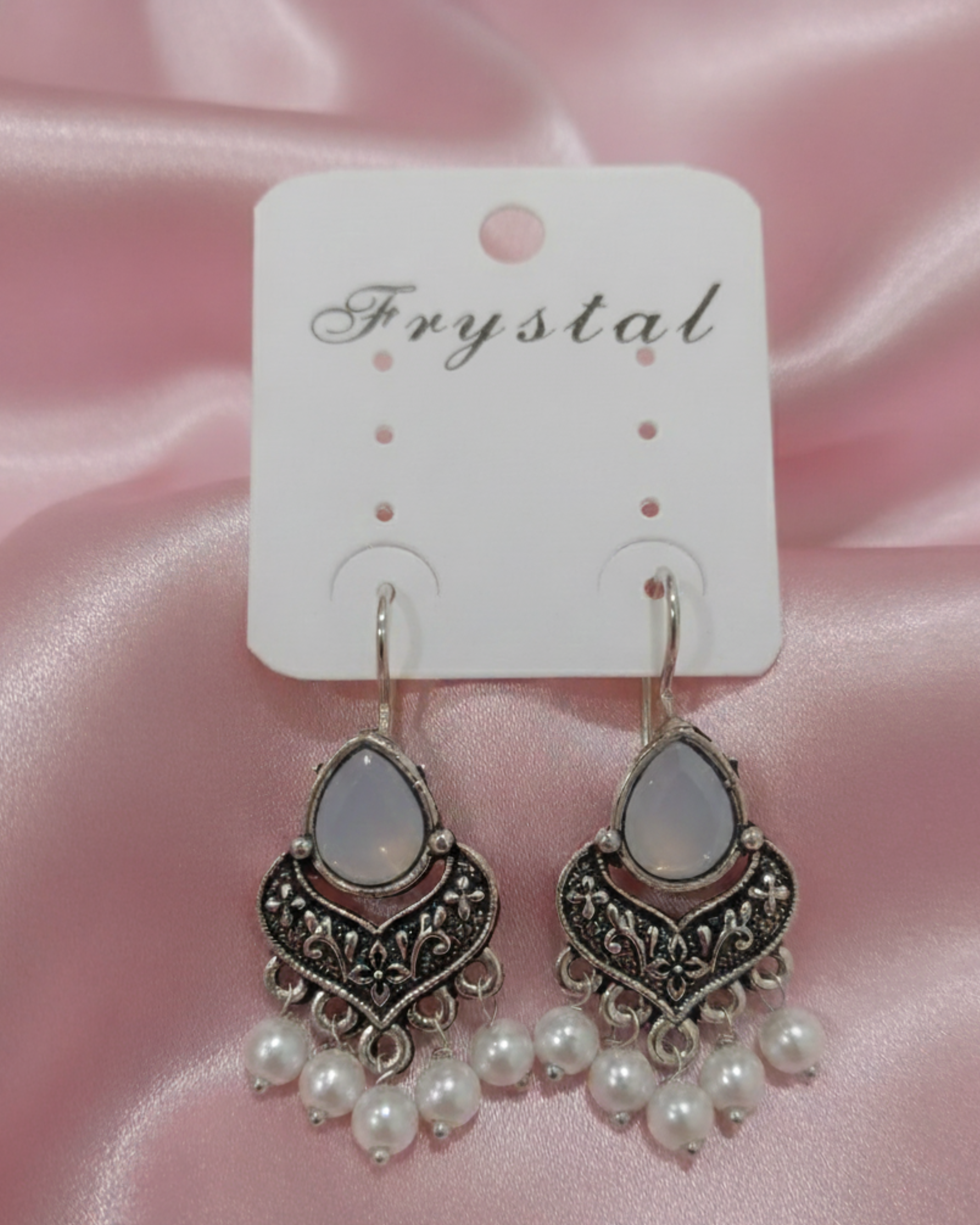 Oxidized Silver Dangel Earrings With Moonstone Cabochon & Pearl Drop