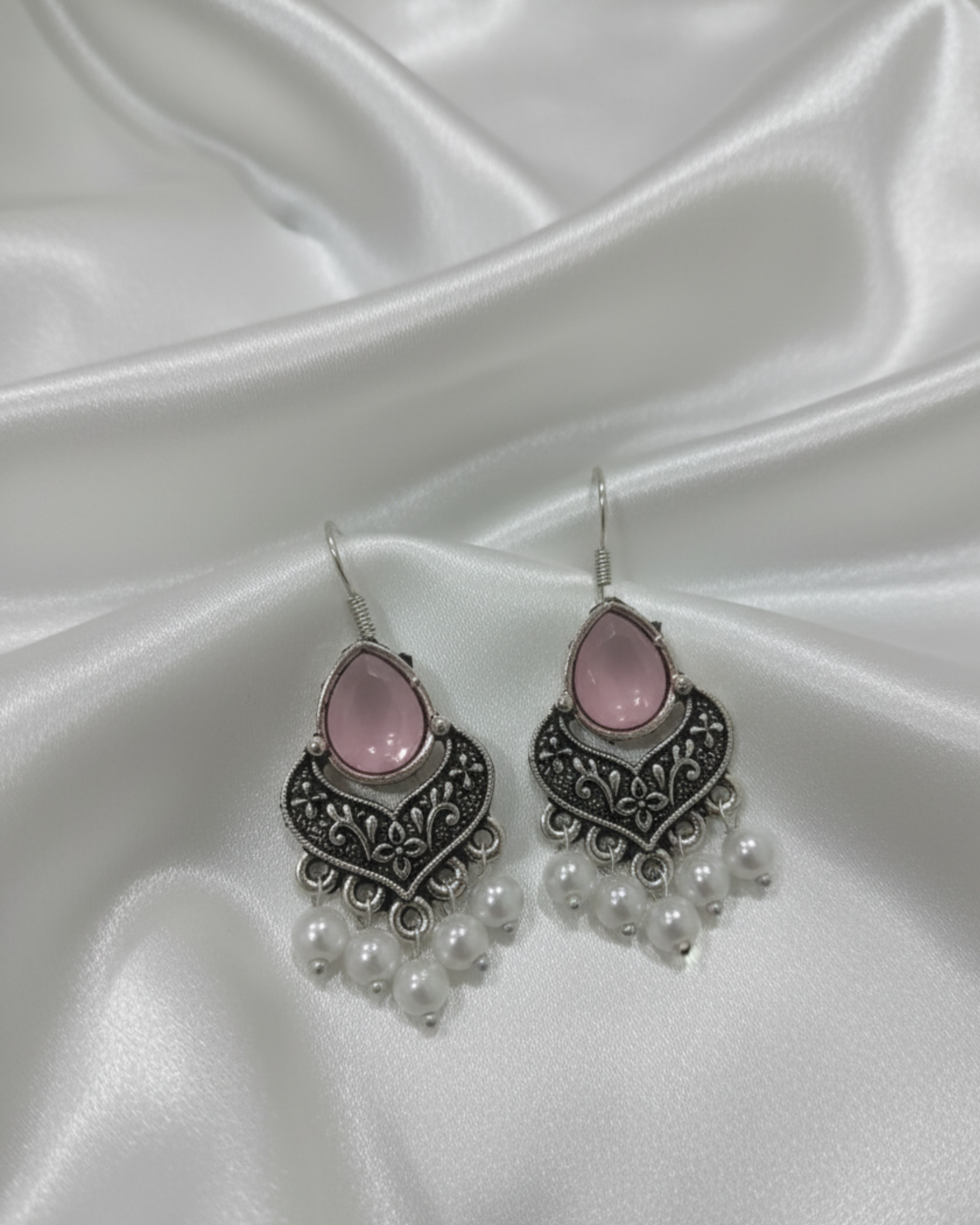 Oxidized Silver Dangel Earrings With Moonstone Cabochon & Pearl Drop