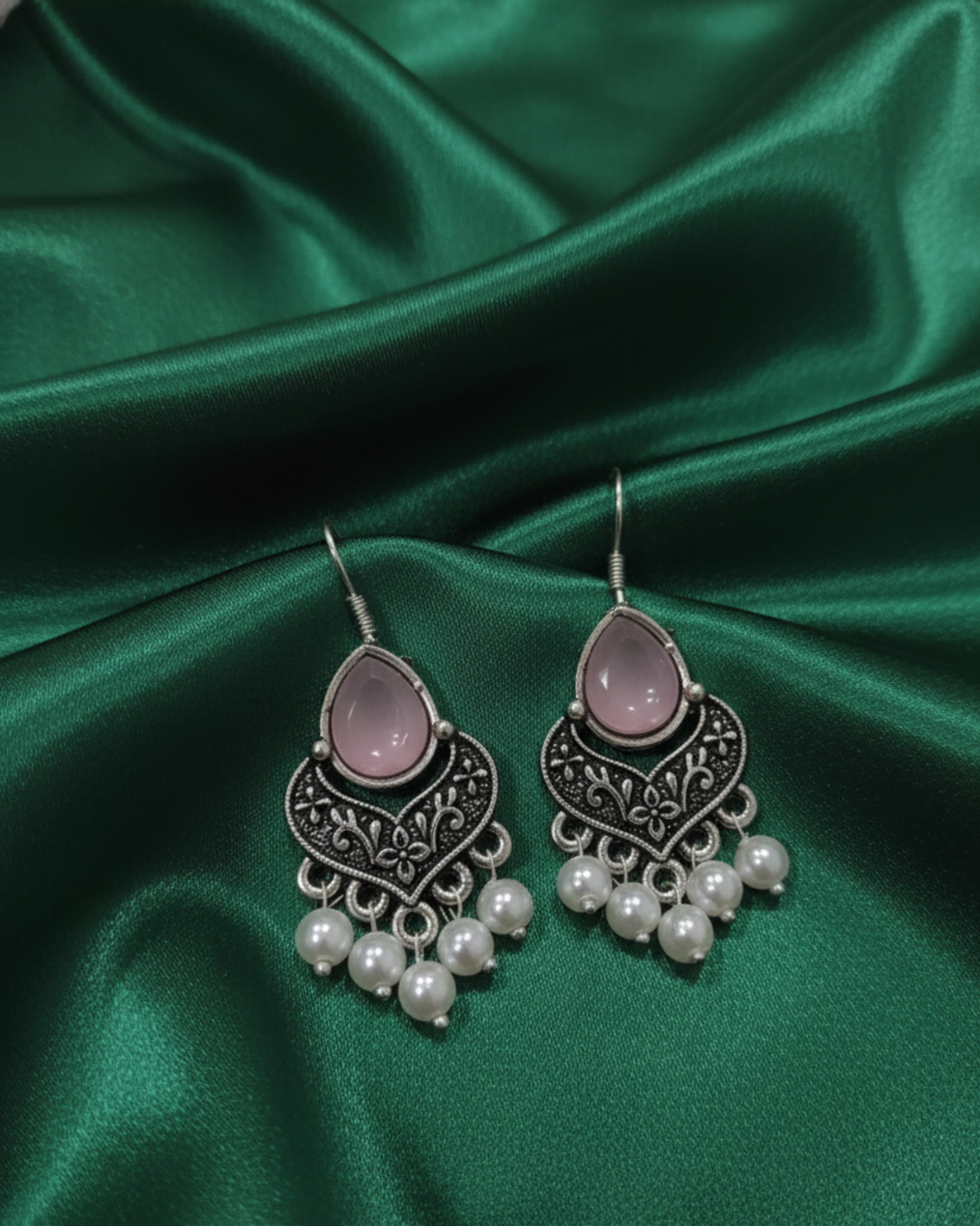 Oxidized Silver Dangel Earrings With Moonstone Cabochon & Pearl Drop