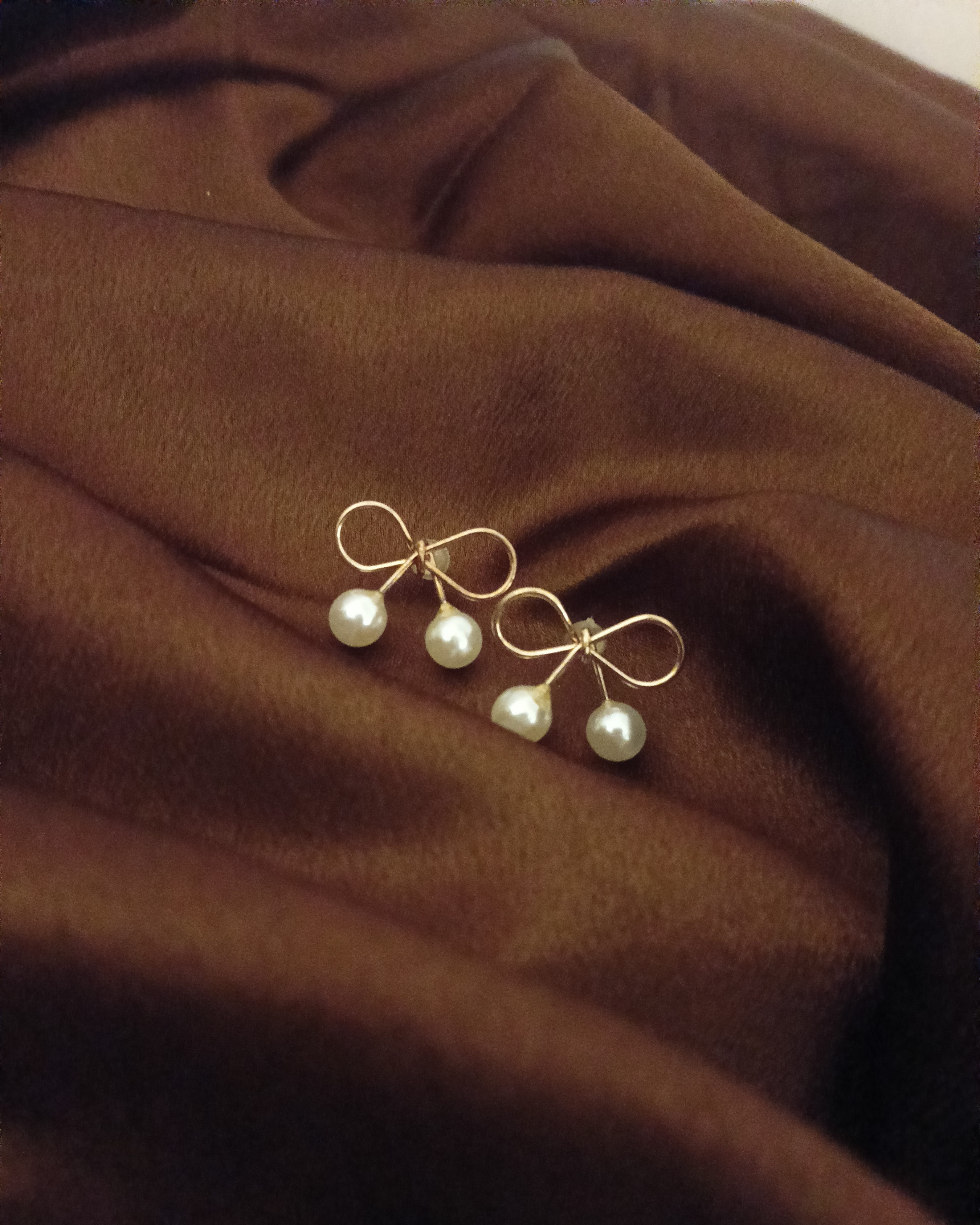 Korean Bow Tie Golden Pearl Earrings